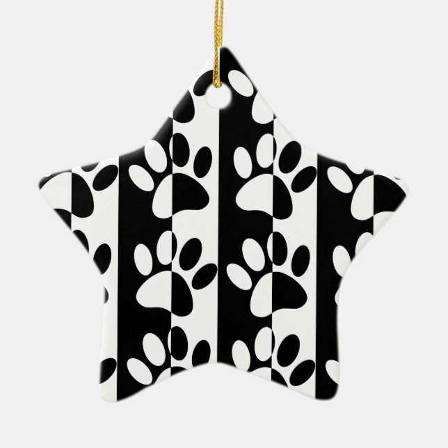 Black And White Dog Paws And Stripes Ceramic Tree Decoration (Front)