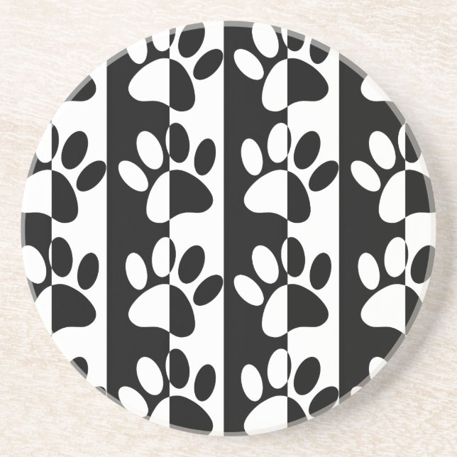 Black And White Dog Paws And Stripes Coaster (Front)