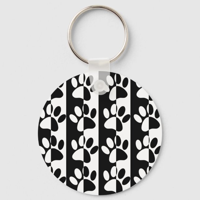 Black And White Dog Paws And Stripes Key Ring (Front)
