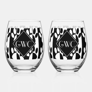 Black And White Dog Paws And Stripes Monogram Stemless Wine Glass