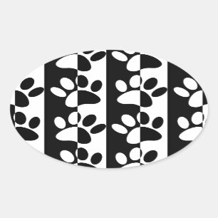Black And White Dog Paws And Stripes Oval Sticker