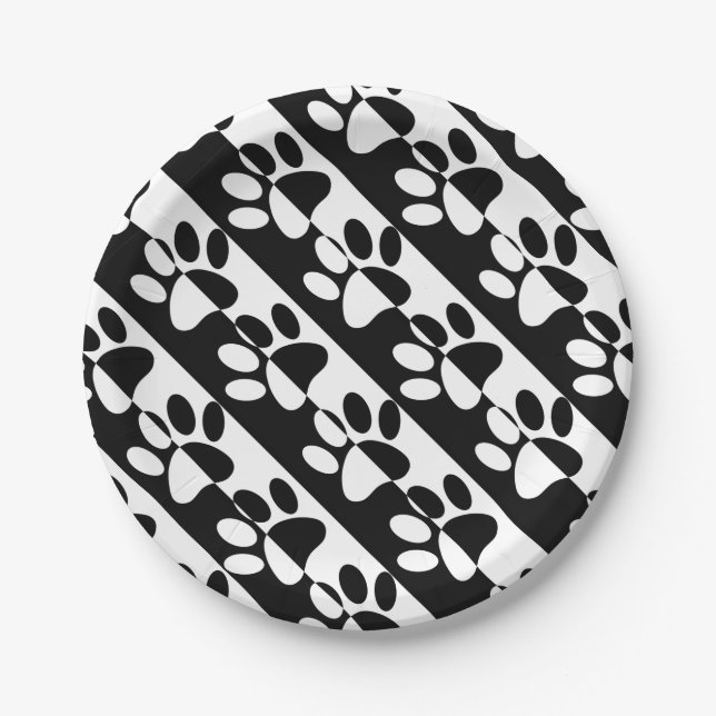 Black And White Dog Paws And Stripes Paper Plate (Front)