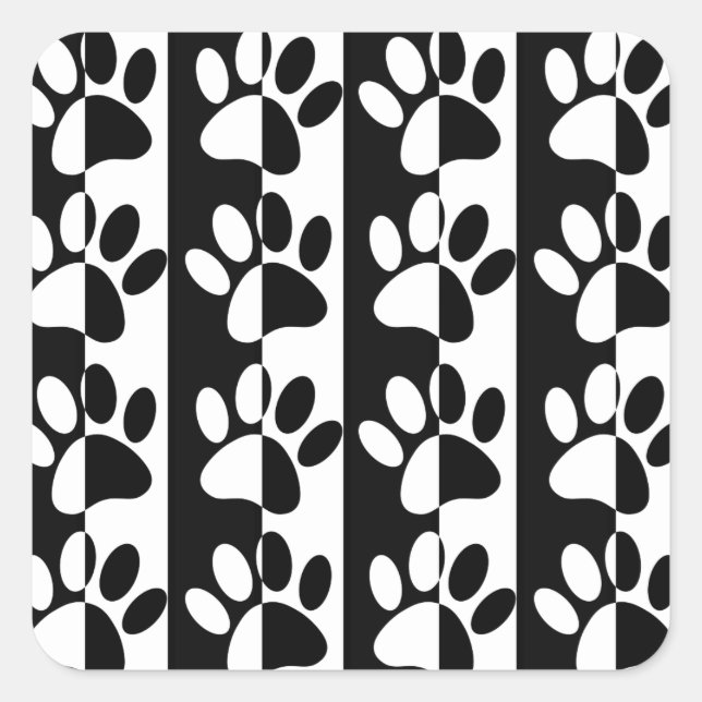 Black And White Dog Paws And Stripes Square Sticker (Front)