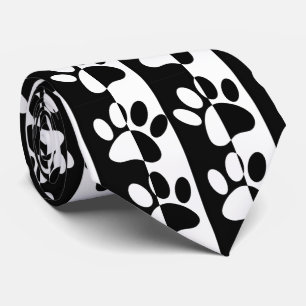 Black And White Dog Paws And Stripes Tie