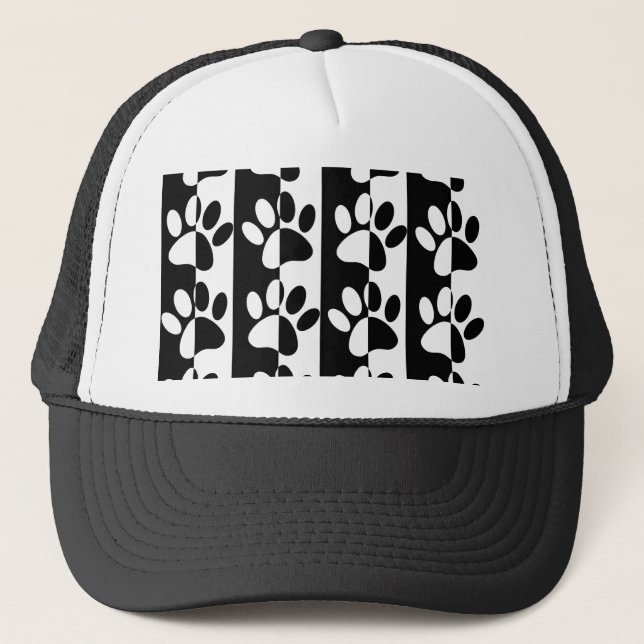 Black And White Dog Paws And Stripes Trucker Hat (Front)