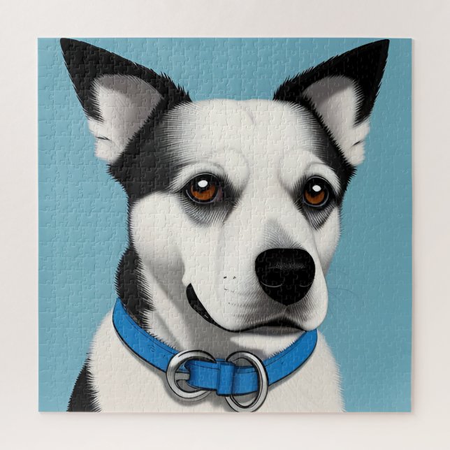Black and White Dog with Blue Collar Jigsaw Puzzle (Vertical)