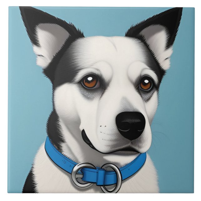 Black and White Dog with Blue Collar Tile (Front)