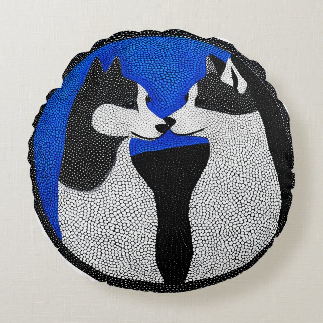 Black and white dogs round cushion (Front)