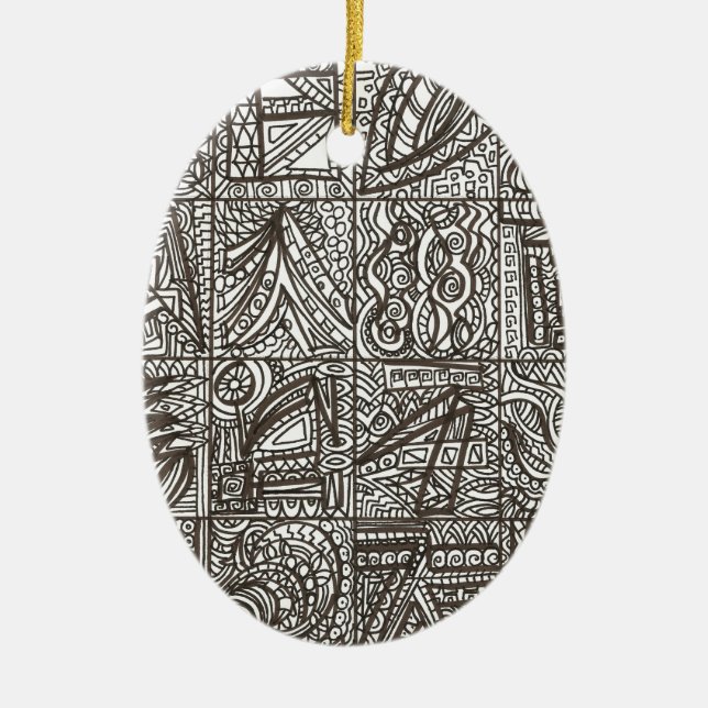 Black And White Doodle - Abstract Ink Drawing Ceramic Tree Decoration (Front)
