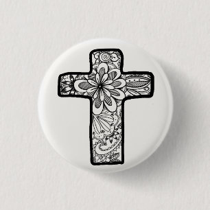 Black and White Doodle Cross Button