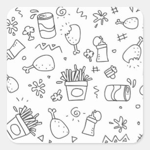 Black and White Doodle Fast Food Pattern Square Sticker
