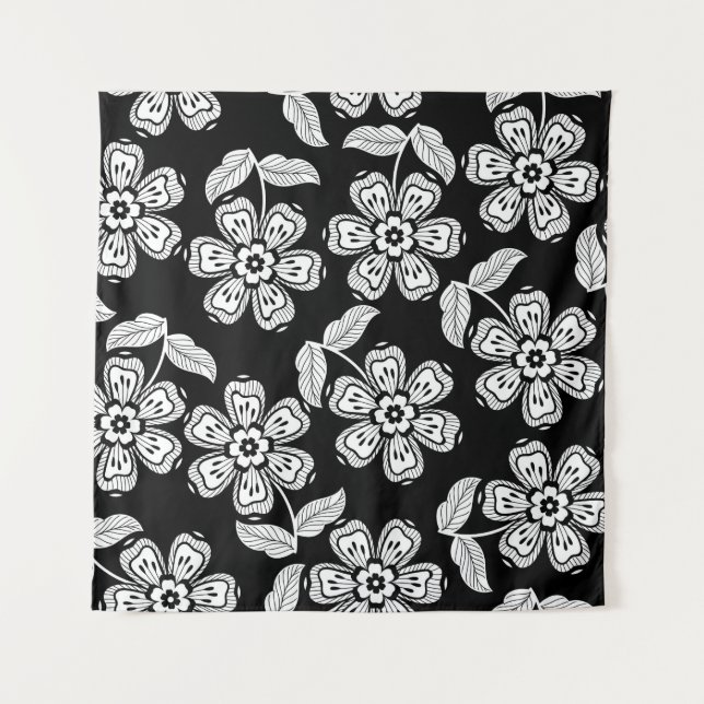 Black and white doodle flower patternblack,abstrac tapestry (Front)