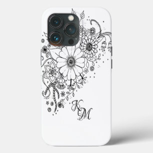 Black and White Doodle Flowers Colour In Picture iPhone 13 Pro Case