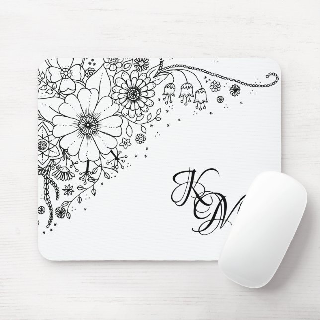 Black and White Doodle Flowers Colour In Picture  Mouse Pad (With Mouse)