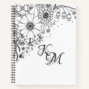 Black and White Doodle Flowers Colour In Picture Notebook