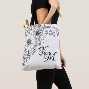 Black and White Doodle Flowers Colour In Picture Tote Bag