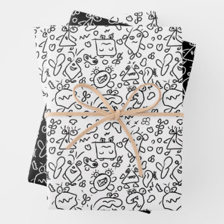 Black and white doodle pattern wrapping paper shee