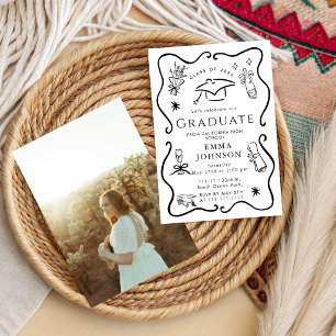 Black and white doodle Simple Graduation Party Invitation