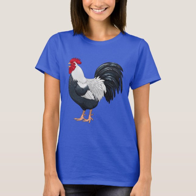 Black and White Dorking Chicken Rooster Crowing T-Shirt (Front)