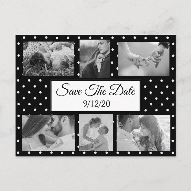 Black and White Dots Photo Save the Date Postcard (Front)