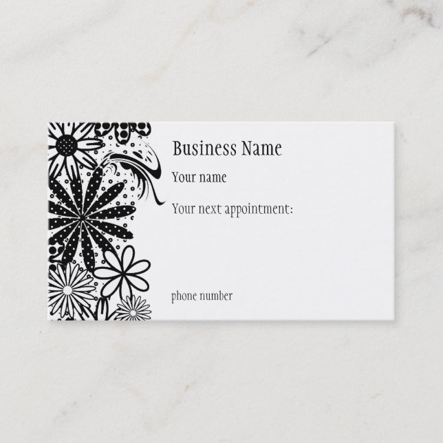 Black And White Dotted Flowers Appointment Card (Front)
