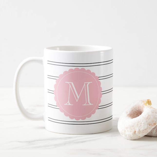 Black and White Double Stripes Blush Pink Monogram Coffee Mug (With Donut)