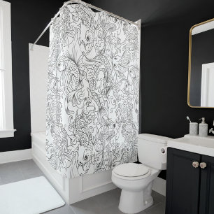 Black and White Dragon Fish Art Pattern Shower Curtain
