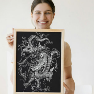 Black and White Dragon Poster Print