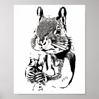 black and white drawing of a cute squirrel poster