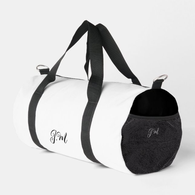 Black and white duo solid colour initials name duffle bag (Right Corner)