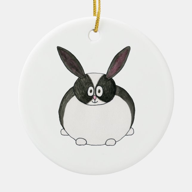 Black and White Dutch Rabbit. Ceramic Tree Decoration (Front)
