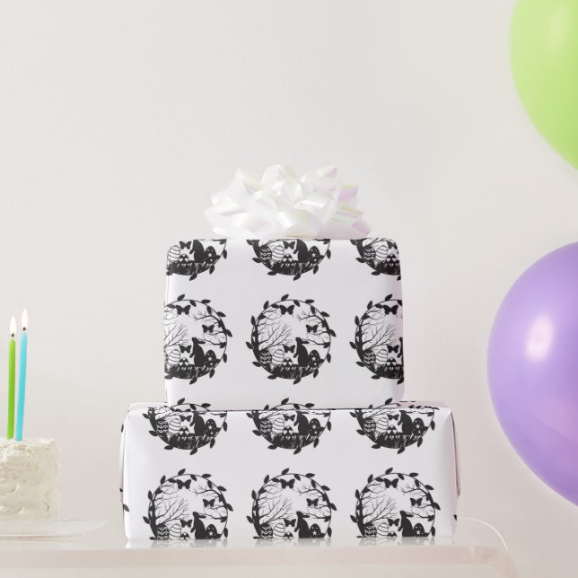 Black and White Easter Bunny Eggs in Circle Wreath Wrapping Paper (Party Gifts)