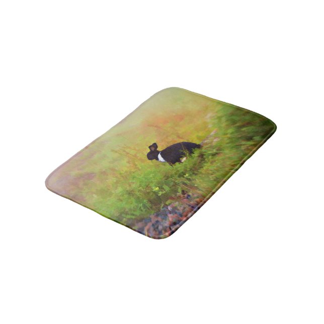 Black And White Easter Bunny In Colourful Foliage Bath Mat (Angled)