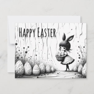 Black and White Easter Girl with Bunny Ears