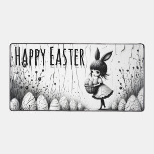 Black and White Easter Girl with Bunny Ears Desk Mat