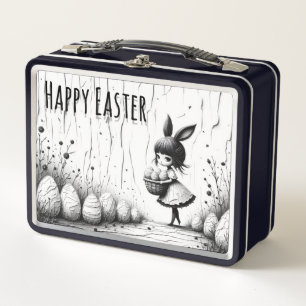 Black and White Easter Girl with Bunny Ears Metal Lunch Box
