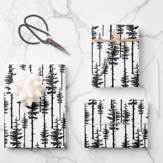 Black And White Eastern Pine Tree Woodland Forest Wrapping Paper Sheet (Front)