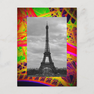 black and white eiffel on colourful eiffel ironwor postcard