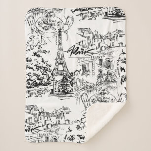 Black and White Eiffel Paris Toile Sherpa Blanket
