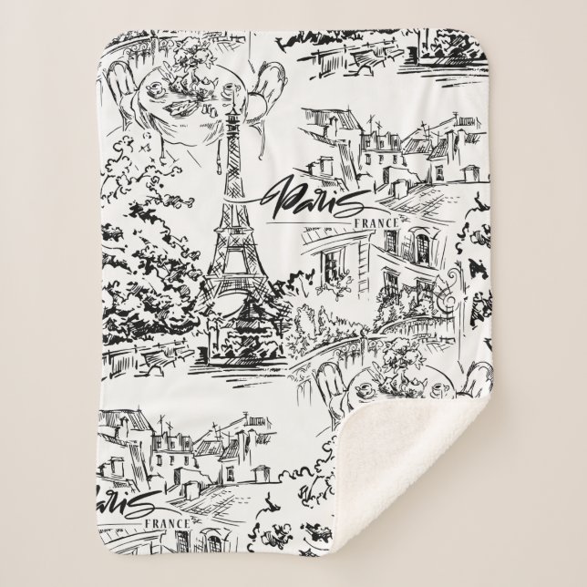 Black and White Eiffel Paris Toile Sherpa Blanket (Front)