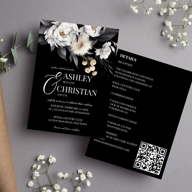 Black and white elegant boho all in one wedding invitation (Black and white elegant boho all in one wedding editable template invitation digital download )