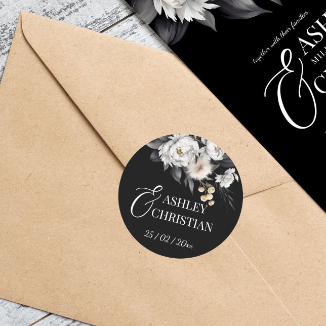 Black and white elegant boho wedding classic round sticker (Black and white elegant boho flowers wedding sticker white peonies dry pampas grass black stickers)