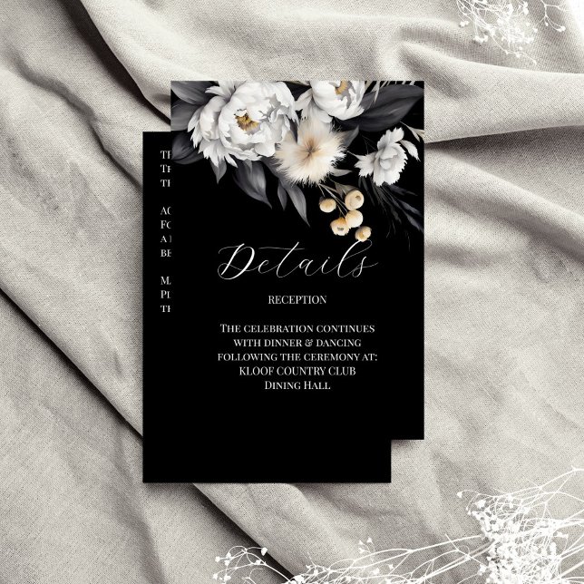 Black and white elegant boho wedding details enclosure card (Black and white elegant boho wedding details enclosure card white peonies black background wedding)