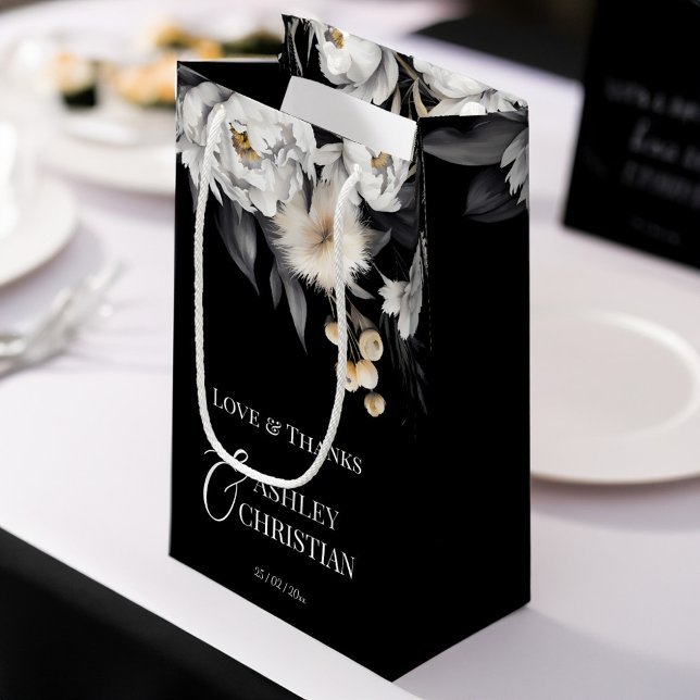Black and white elegant boho wedding favour small gift bag (Black and white elegant boho wedding favors personalized  gift bag white peonies gift bag thank you )