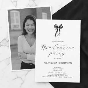 Black and White Elegant Bow Photo Graduation Party Invitation