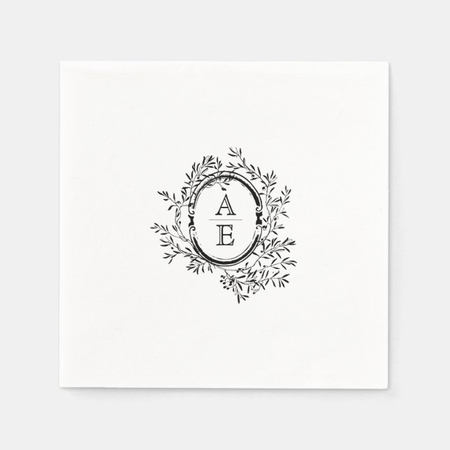 Black and White Elegant Crest Monogram Wedding Napkin (Front)