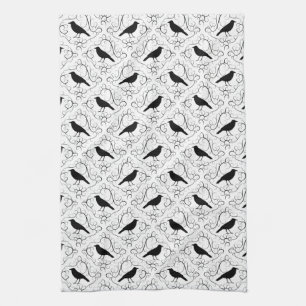 Black and White Elegant Crow Pattern. Tea Towel