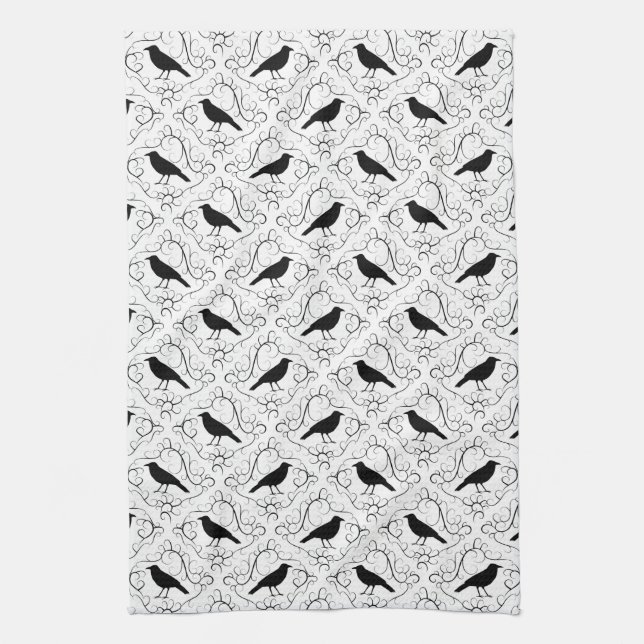 Black and White Elegant Crow Pattern. Tea Towel (Vertical)