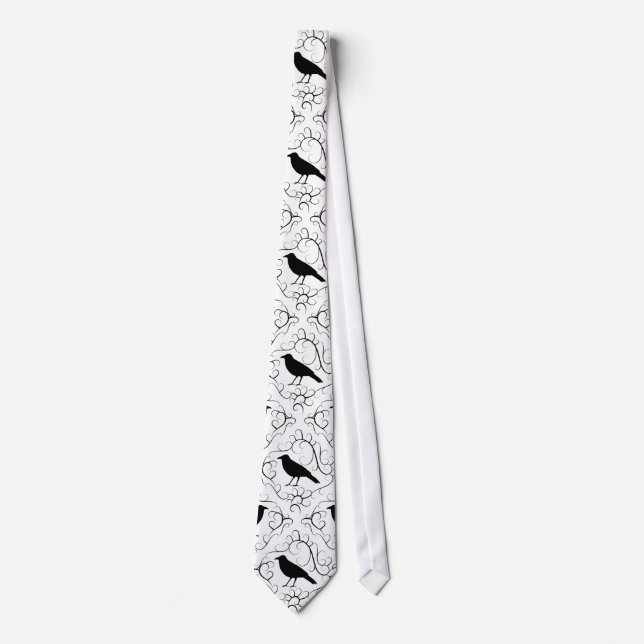 Black and White Elegant Crow Pattern. Tie (Front)