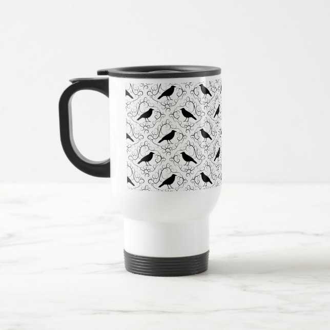 Black and White Elegant Crow Pattern. Travel Mug (Left)